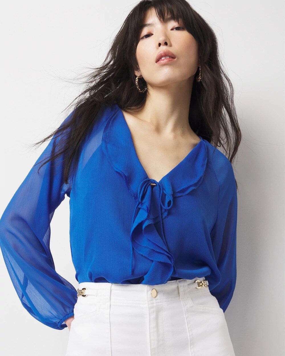 【Audire】ruffle sleeve blouse (Blue)/M Ruffle Sleeve Notched Blouse – Charming Charlie